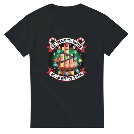 Black t-shirt with hand in red polish, Christmas lights, candy canes, Not the gift you wanted but the gift you deserve text