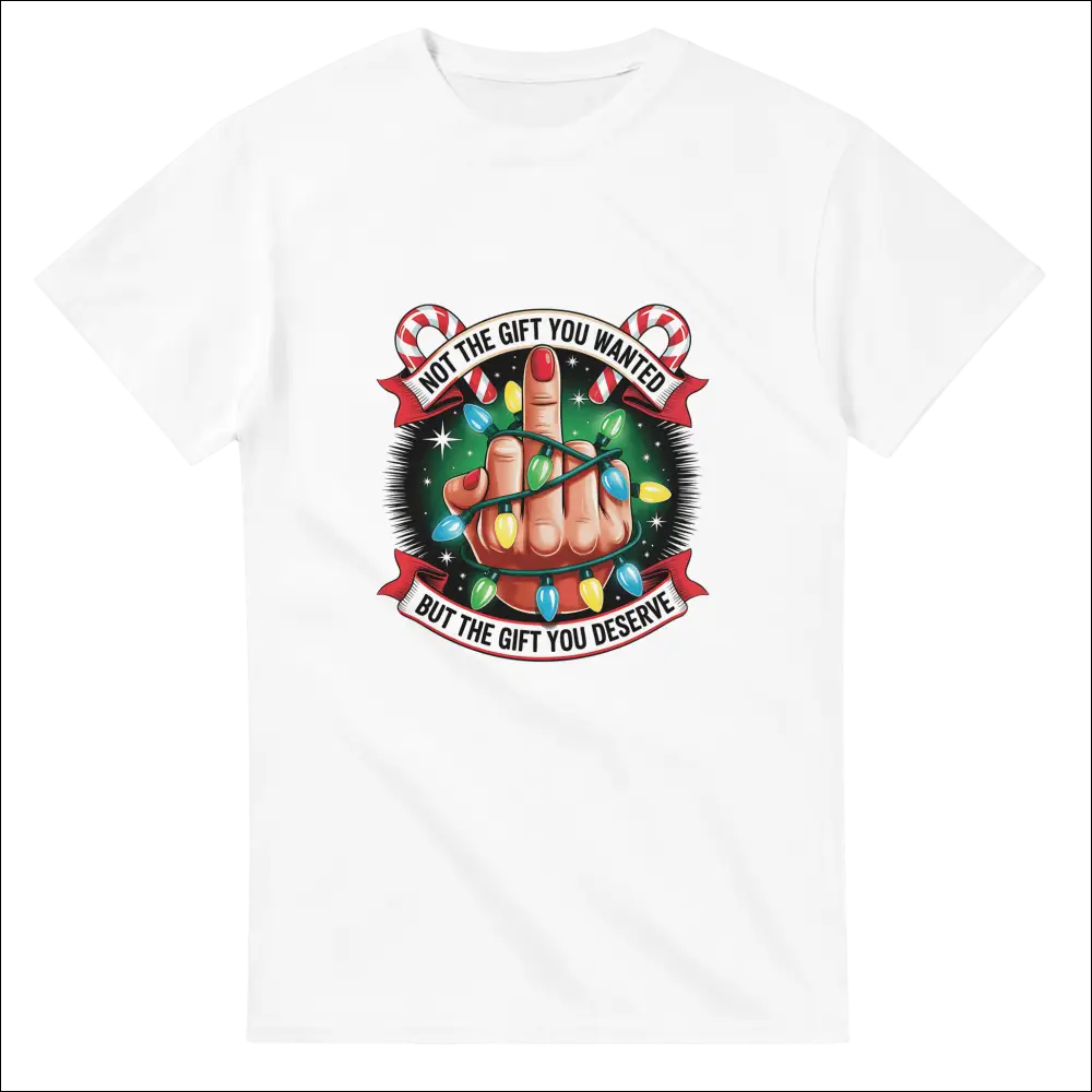 White cotton t-shirt with festive hand, candy cane, lights, ribbons and deserving gift text