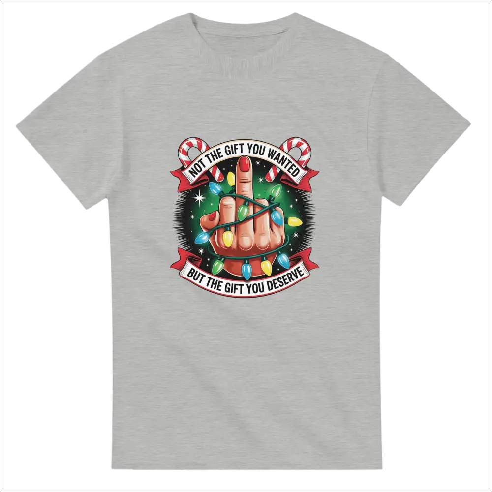 Light gray unisex t-shirt with hand holding Christmas lights and funny text