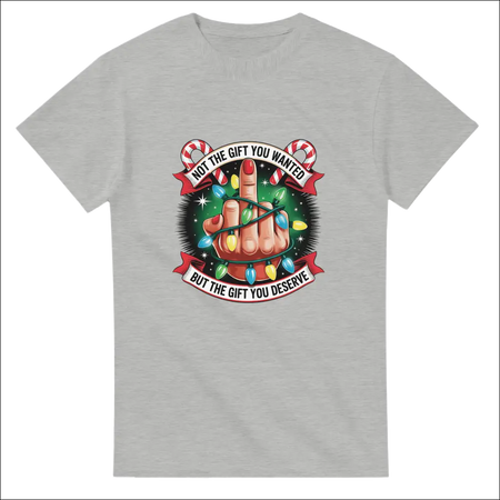 Light gray unisex t-shirt with hand holding Christmas lights and funny text