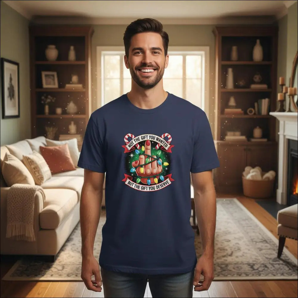 Navy blue unisex Christmas t-shirt with festive hand graphic and text