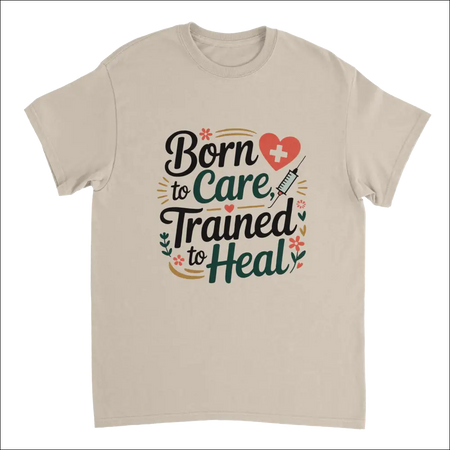 Beige nurse t-shirt with born to care trained to heal graphic