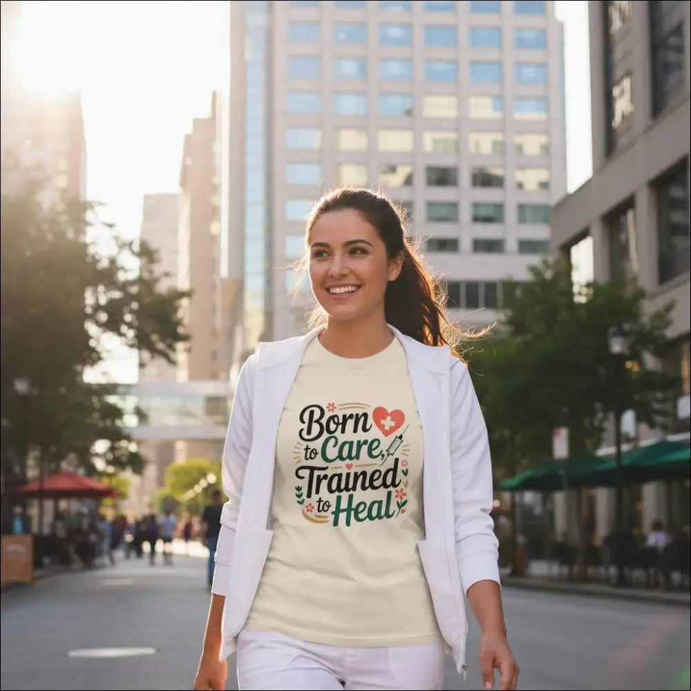 Cream-colored cotton Nurse T-Shirt with Born to Care Trained to Heal graphic
