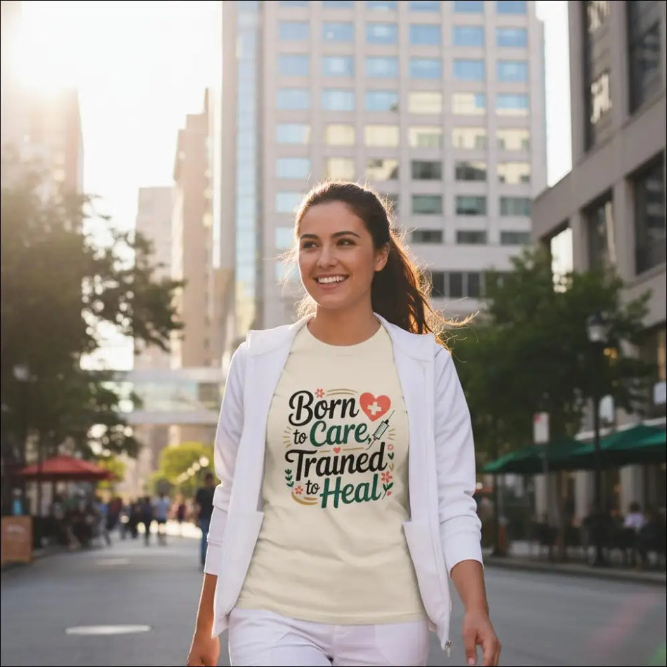 Cream-colored cotton Nurse T-Shirt with Born to Care Trained to Heal graphic