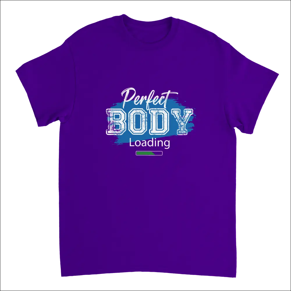 Purple short-sleeved Perfect Body Loading t-shirt with white and blue graphic on teal brushstroke background