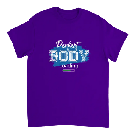 Purple short-sleeved Perfect Body Loading t-shirt with white and blue graphic on teal brushstroke background