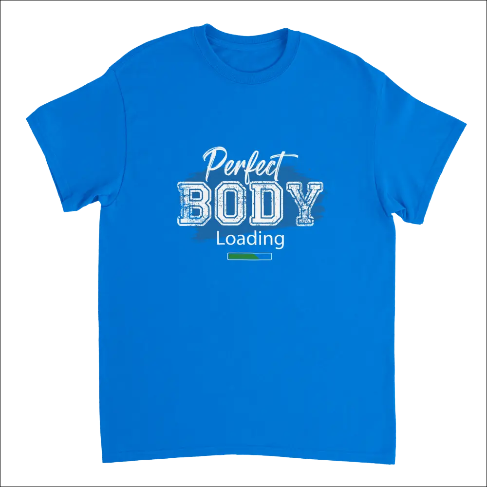 Bright blue Perfect Body Loading heavyweight cotton t-shirt with progress bar graphic
