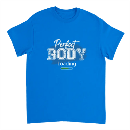 Bright blue Perfect Body Loading heavyweight cotton t-shirt with progress bar graphic