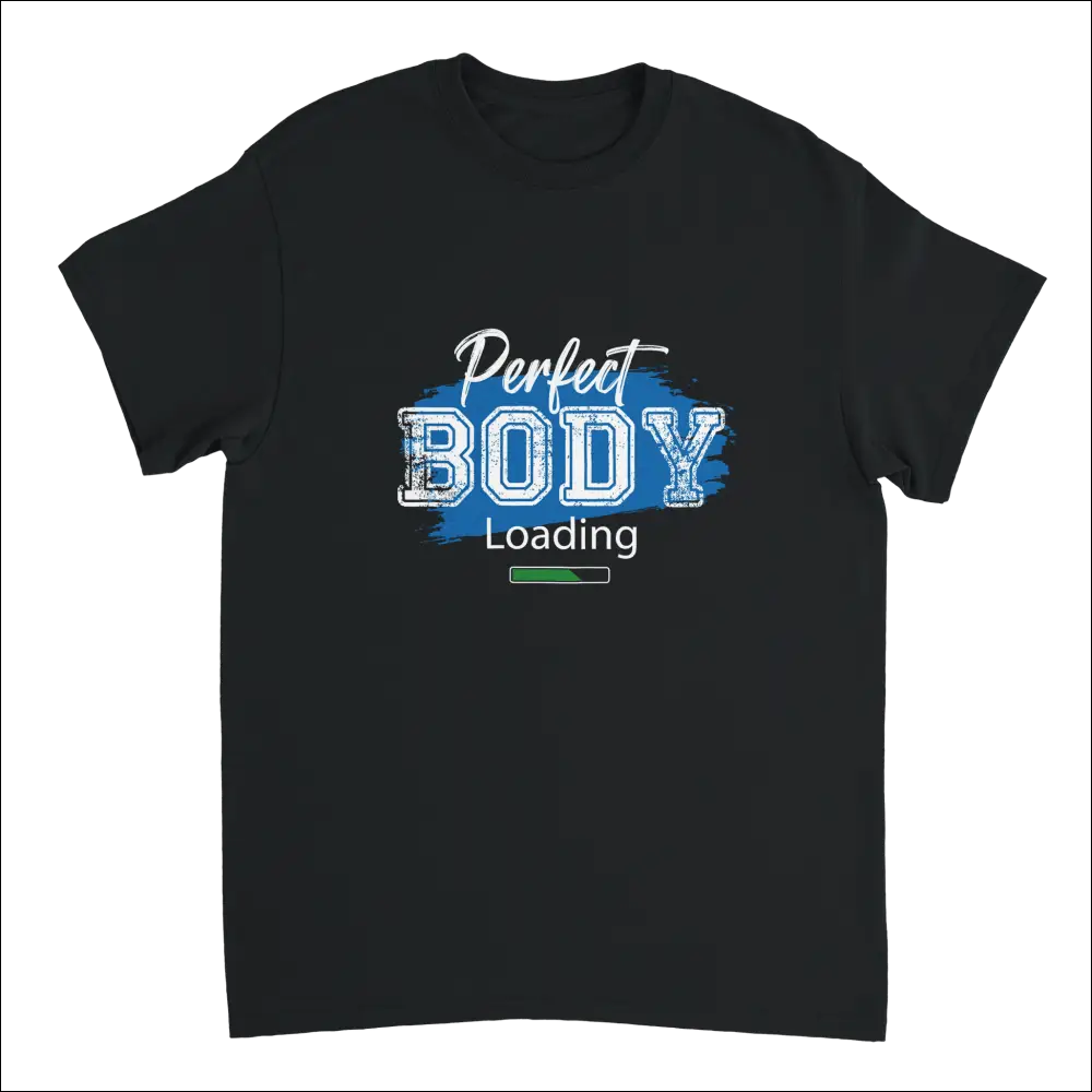 Black cotton t-shirt with perfect body loading graphic in white and blue on distressed blue brushstroke background
