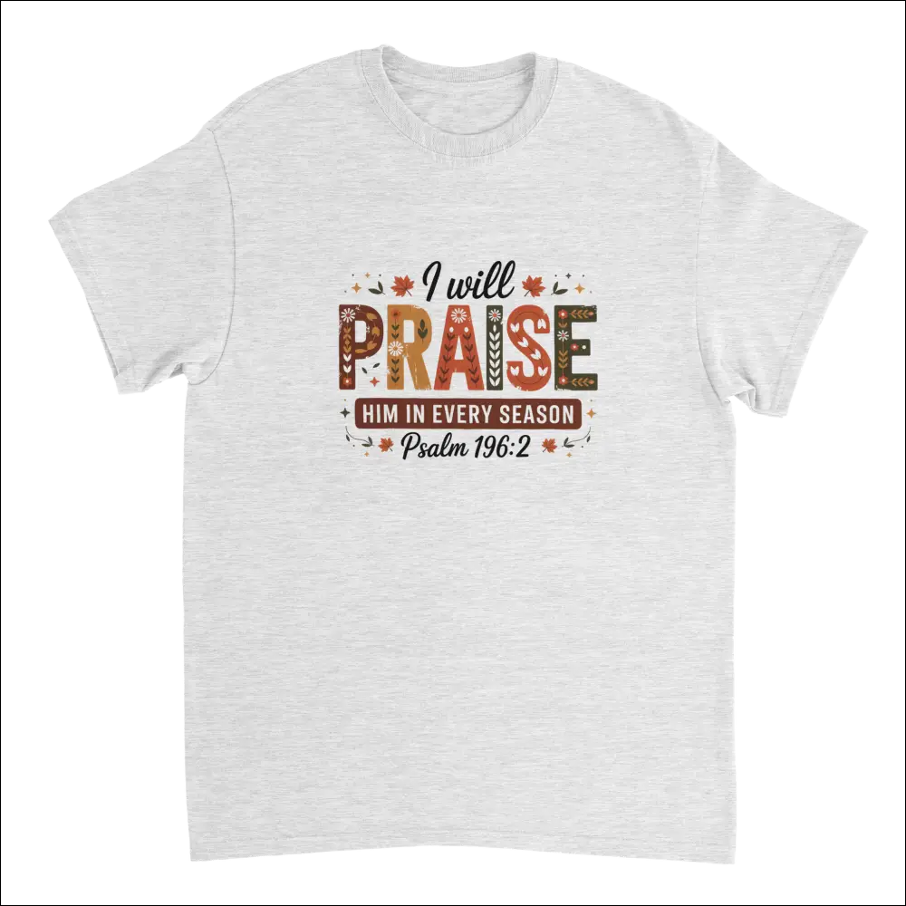 Heather gray cotton t-shirt with autumn folk art graphic and Psalm 196:2 praise text