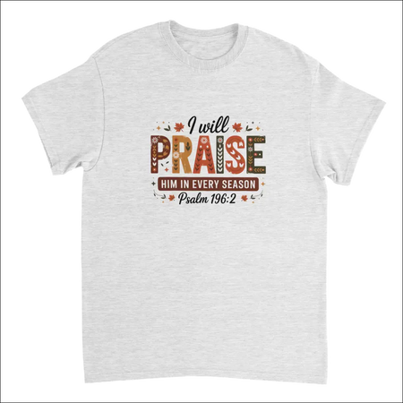 Heather gray cotton t-shirt with autumn folk art graphic and Psalm 196:2 praise text