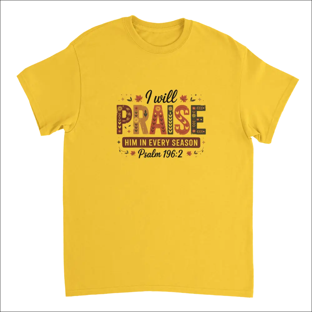 Vibrant yellow short-sleeve t-shirt with Psalm 196:2 praise graphic and autumn folk art
