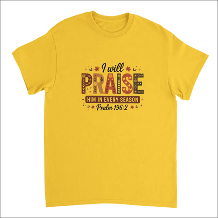 Vibrant yellow short-sleeve t-shirt with Psalm 196:2 praise graphic and autumn folk art