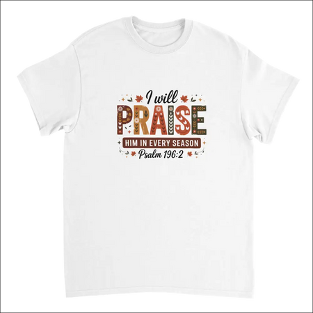 White cotton t-shirt with autumnal folk art graphic and Psalm 196:2 text