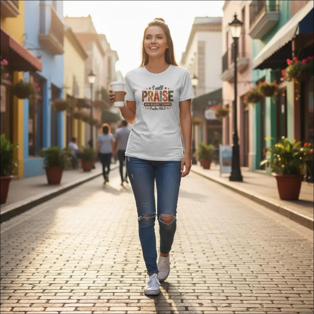 White Praise Him T-Shirt with multicolored Bible verse design