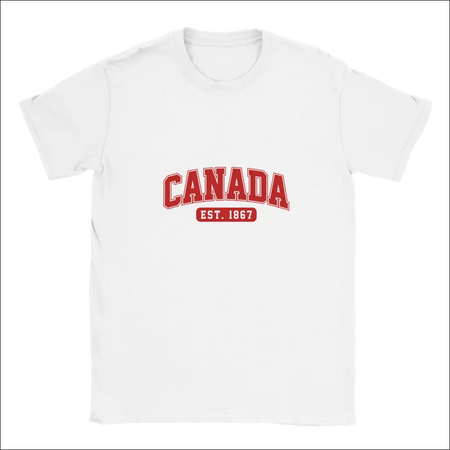 White cotton unisex t-shirt with red Canada Est. 1867 print