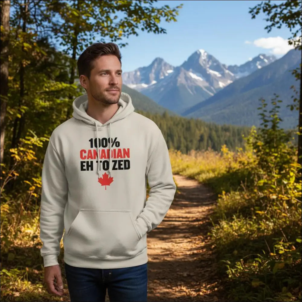 Cream hoodie with 100% Canadian eh to zed graphic and red maple leaf