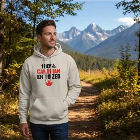 Cream hoodie with 100% Canadian eh to zed graphic and red maple leaf