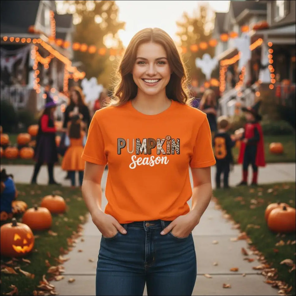 Orange short-sleeved Pumpkin Season t-shirt with black and white lettering on heavyweight cotton
