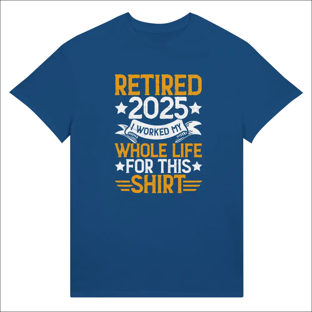 Blue cotton t-shirt with bold yellow and white retire 2025 graphic and stars