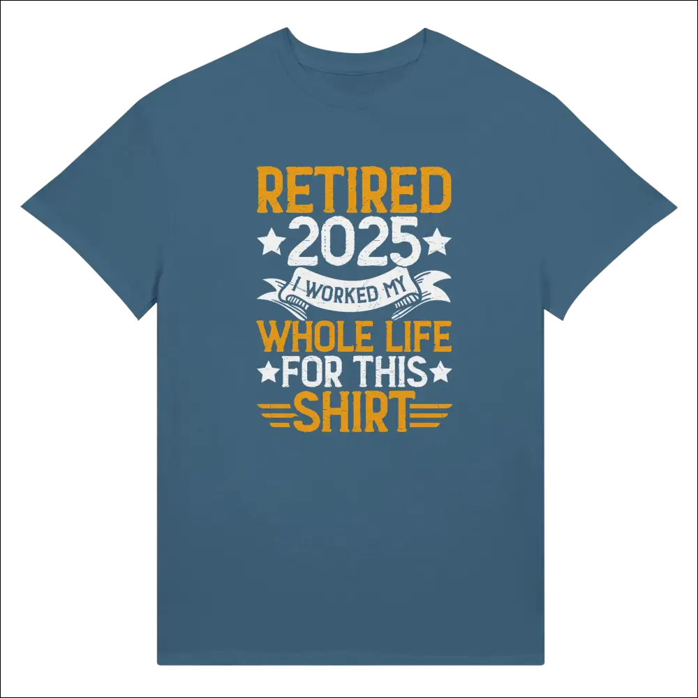 Blue Retired 2025 cotton t-shirt with humorous yellow and white graphic