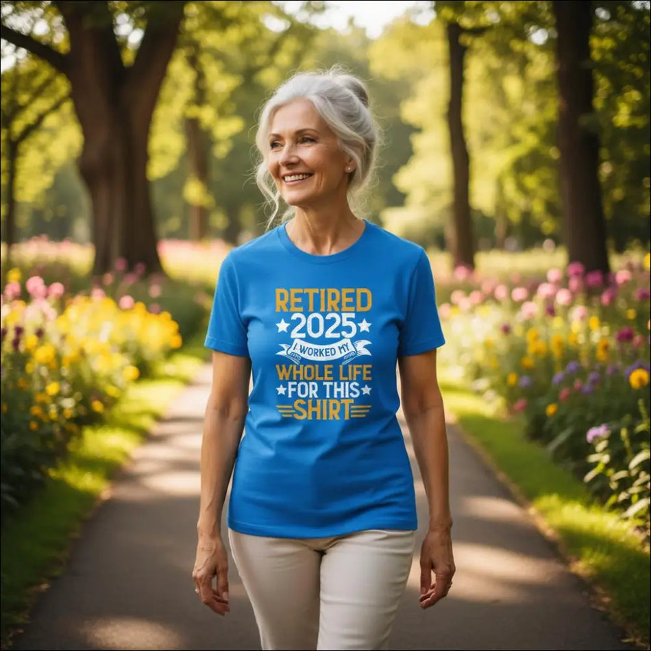 Vibrant blue Retired 2025 ladies t-shirt with humorous graphic