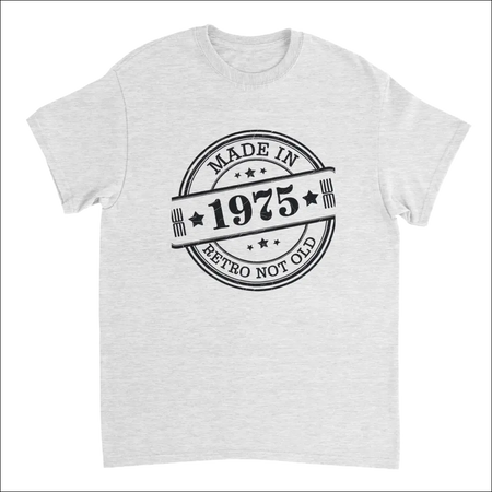 Heather gray retro not old t-shirt with 1975 stamp design