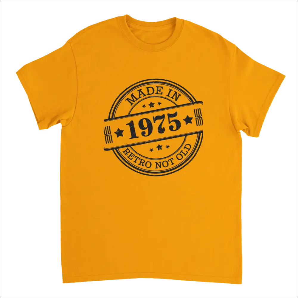 Vibrant yellow retro not old t-shirt with 1975 stamp design