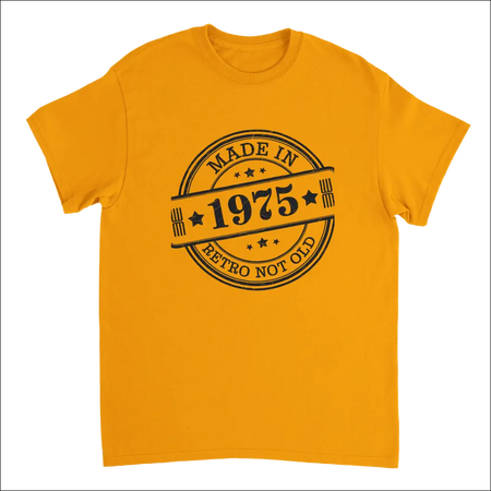 Vibrant yellow retro not old t-shirt with 1975 stamp design