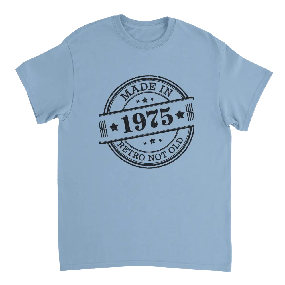 Light blue cotton Retro Not Old T-shirt with 1975 black stamp design