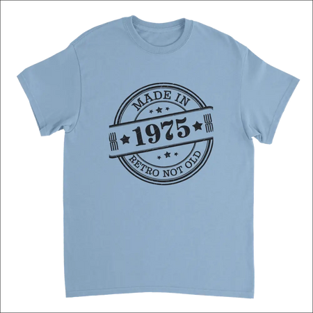 Light blue cotton Retro Not Old T-shirt with 1975 black stamp design