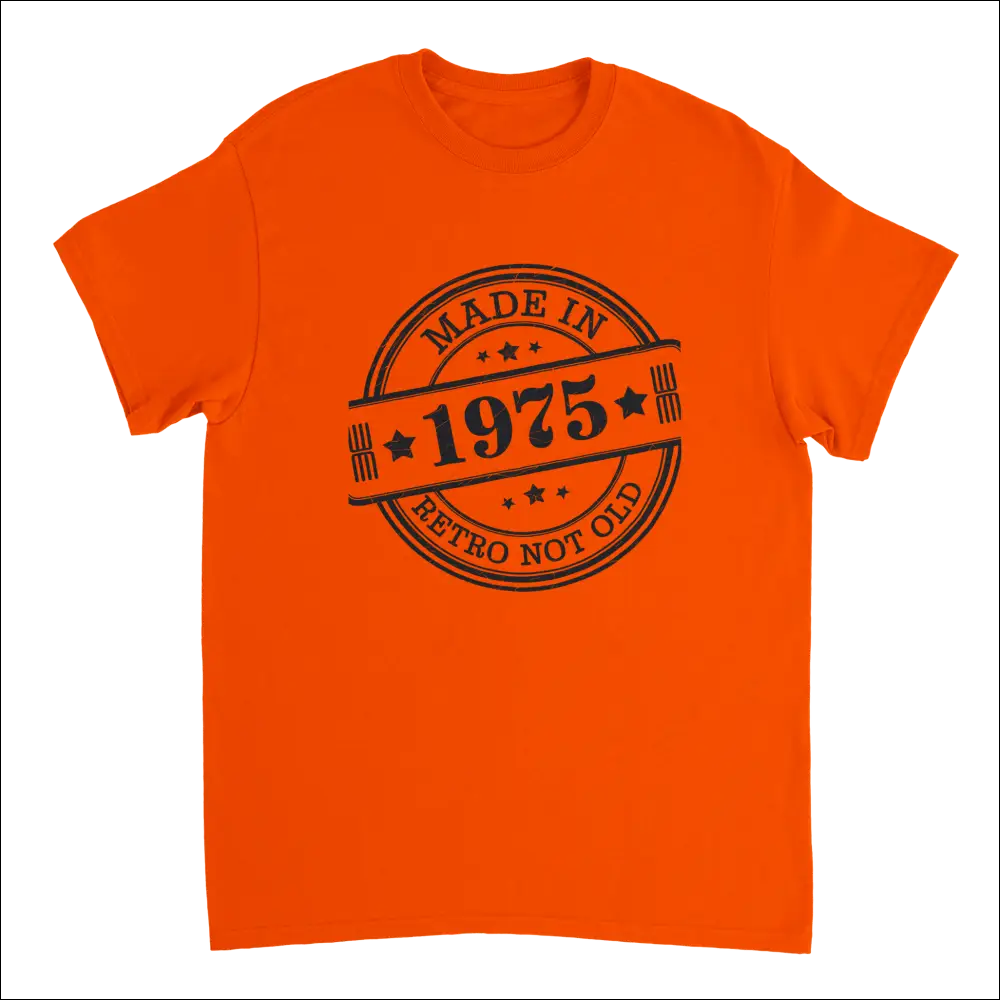 Bright orange short-sleeved Retro Not Old T-shirt with 1975 stamp design