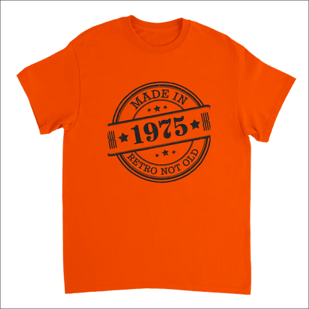 Bright orange short-sleeved Retro Not Old T-shirt with 1975 stamp design