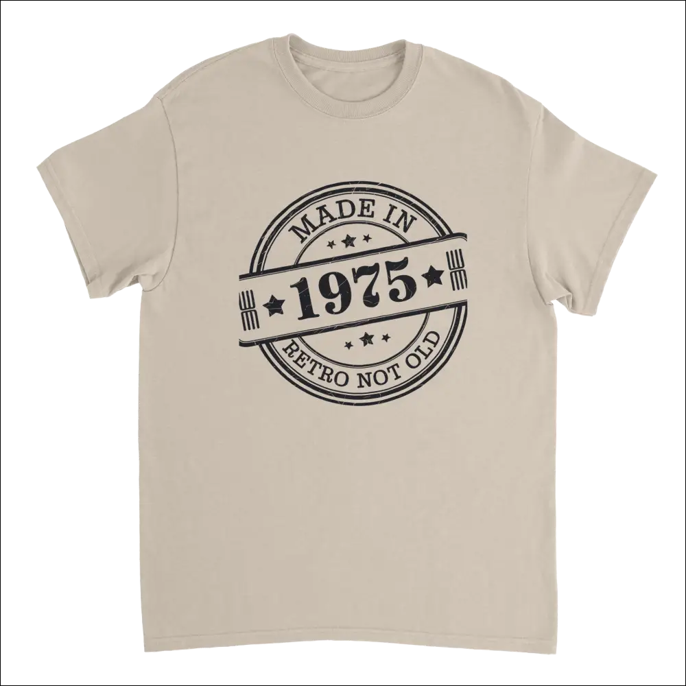 Beige short-sleeved Retro Not Old T-shirt with 1975 stamp design