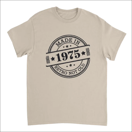 Beige short-sleeved Retro Not Old T-shirt with 1975 stamp design