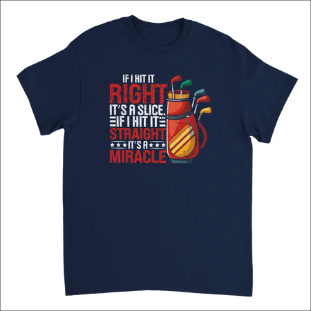 Navy blue golf dad t-shirt with red yellow bag graphic and slice text