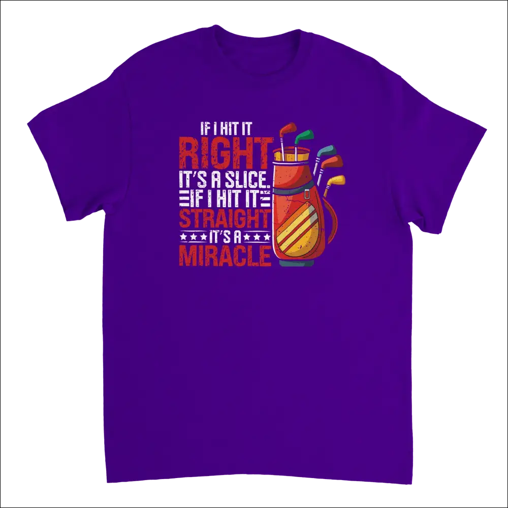 Purple short-sleeved t-shirt with golf bag graphic and If I Hit It Right, Its a Slice text for dads