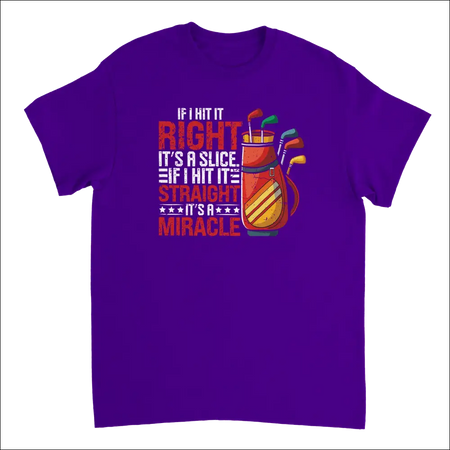 Purple short-sleeved t-shirt with golf bag graphic and If I Hit It Right, Its a Slice text for dads