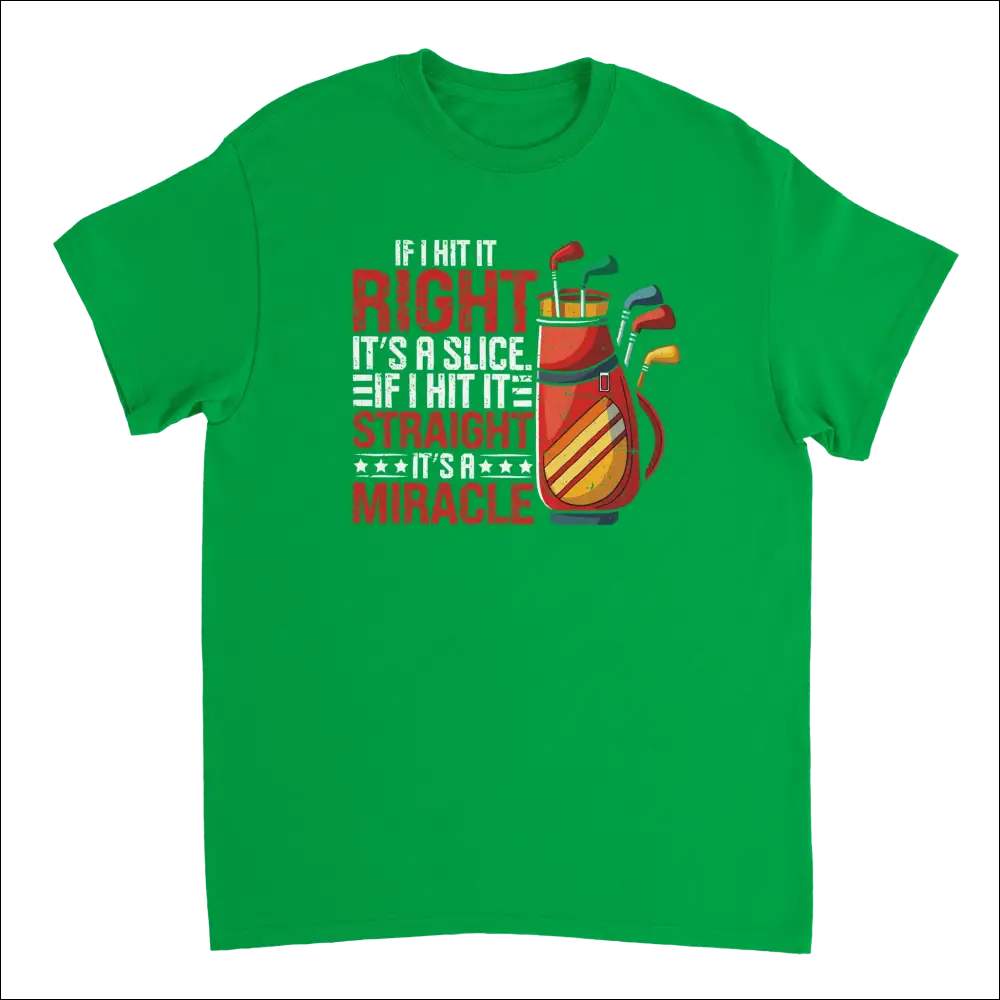 Vibrant green Right Straight Miracle Golf Dad t-shirt with cartoon golf bag