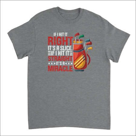 Gray heathered Right Straight Miracle Golf Dad t-shirt with colorful cartoon golf bag graphic and text If I hit it right, its a slice