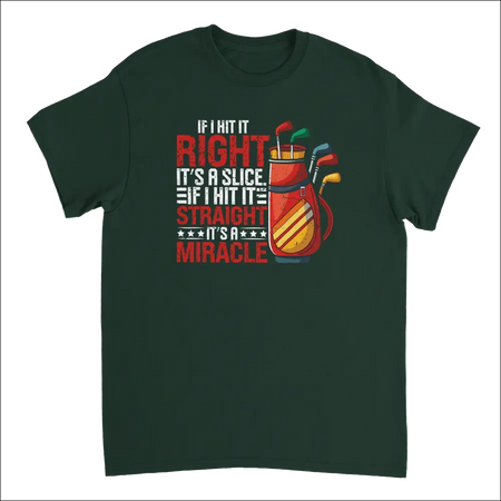 Dark green t-shirt with golf bag graphic and slice pun for dads