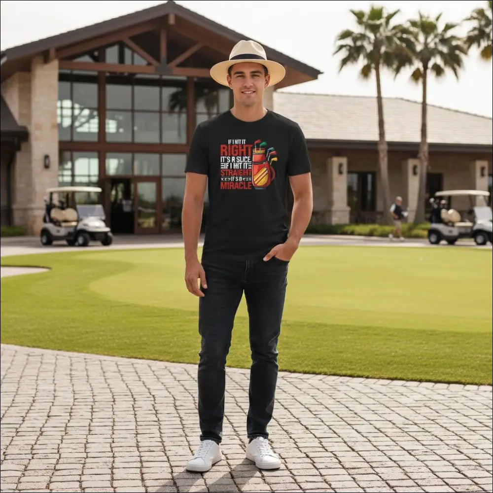 Black short-sleeved t-shirt with colorful golf bag graphic and miracle text for dads