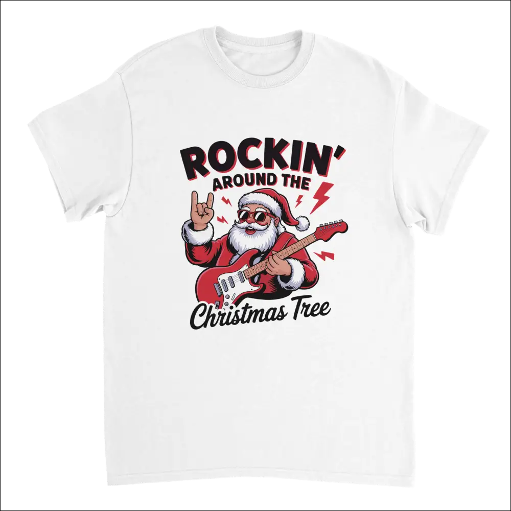 Rockin’ Around the Christmas Tree t-shirt with cartoon Santa rocking guitar