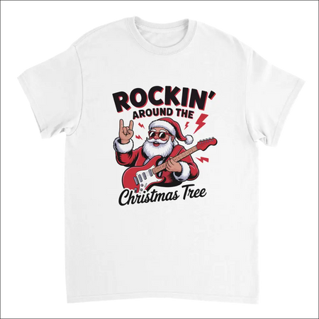 Rockin’ Around the Christmas Tree t-shirt with cartoon Santa rocking guitar