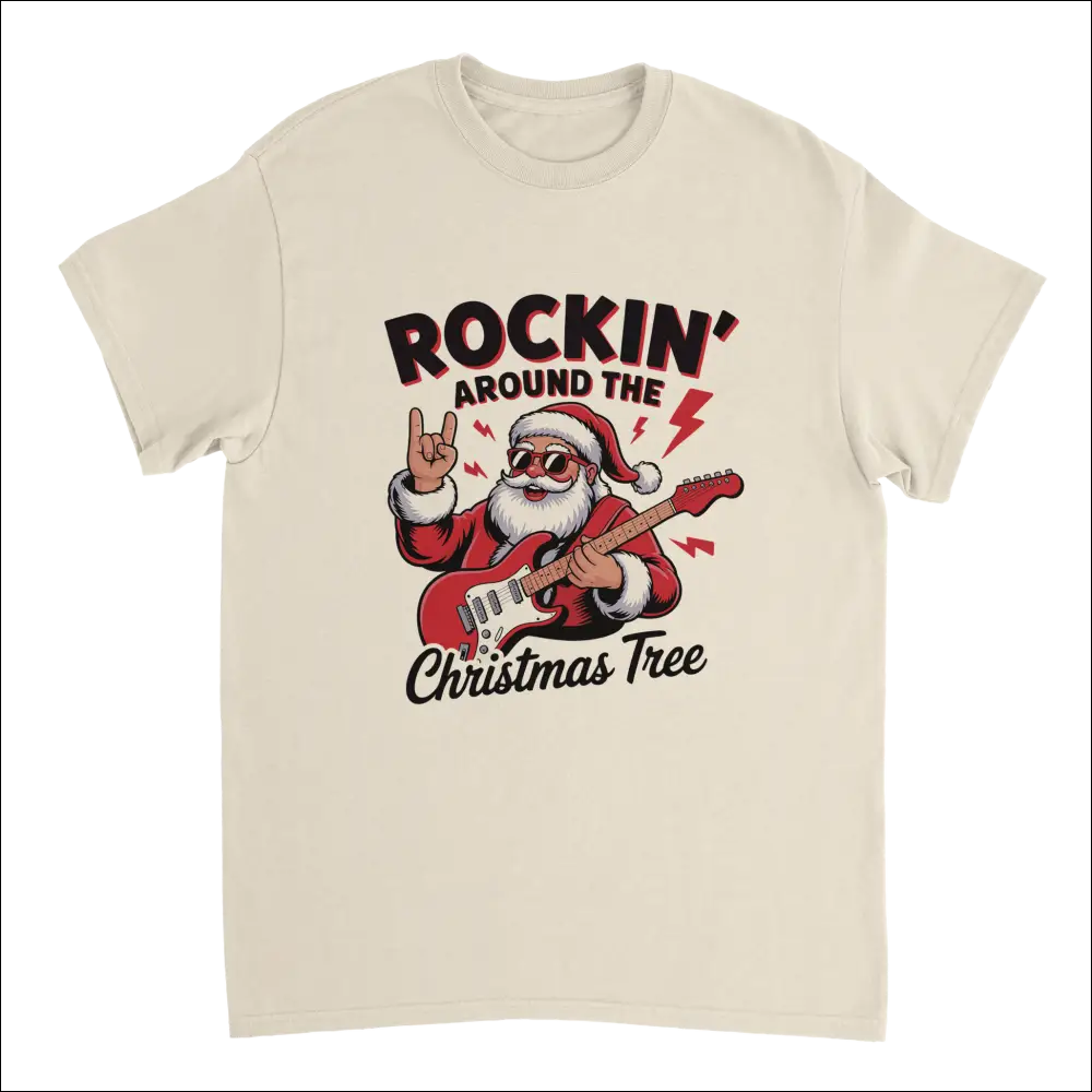 Rockin’ Around the Christmas Tree cream cotton t-shirt with Santa guitarist graphic