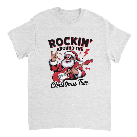Rockin’ Around the Christmas Tree white cotton t-shirt with cartoon Santa guitarist