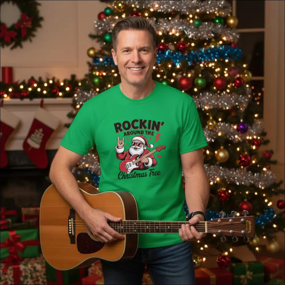 Green Santa Claus guitar t-shirt with Rockin Around the Christmas Tree text