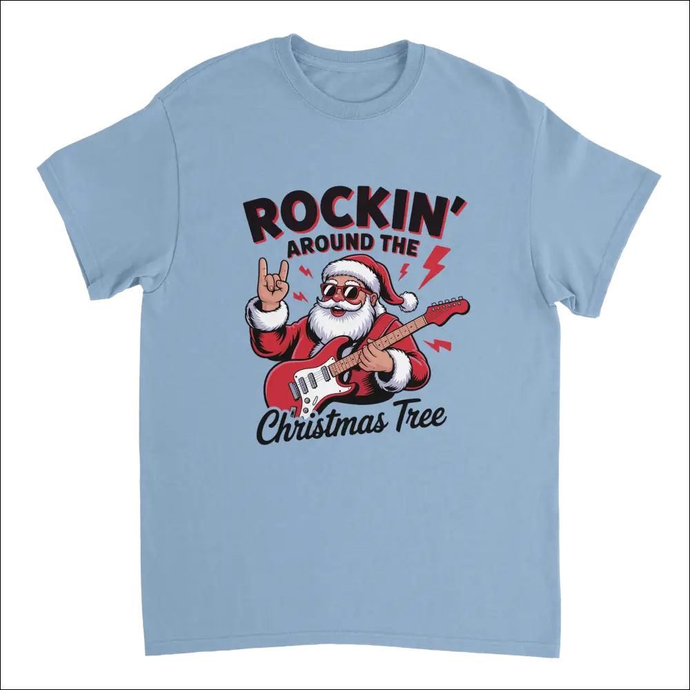 Light blue Rockin’ Around the Christmas Tree t-shirt with cartoon Santa guitarist