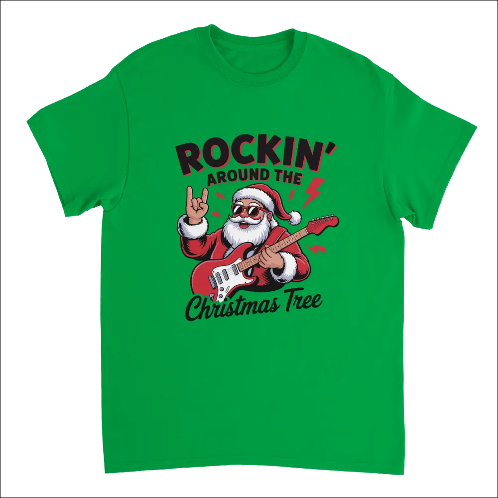 Vibrant green Rockin’ Around the Christmas Tree t-shirt with cartoon Santa rocking guitar