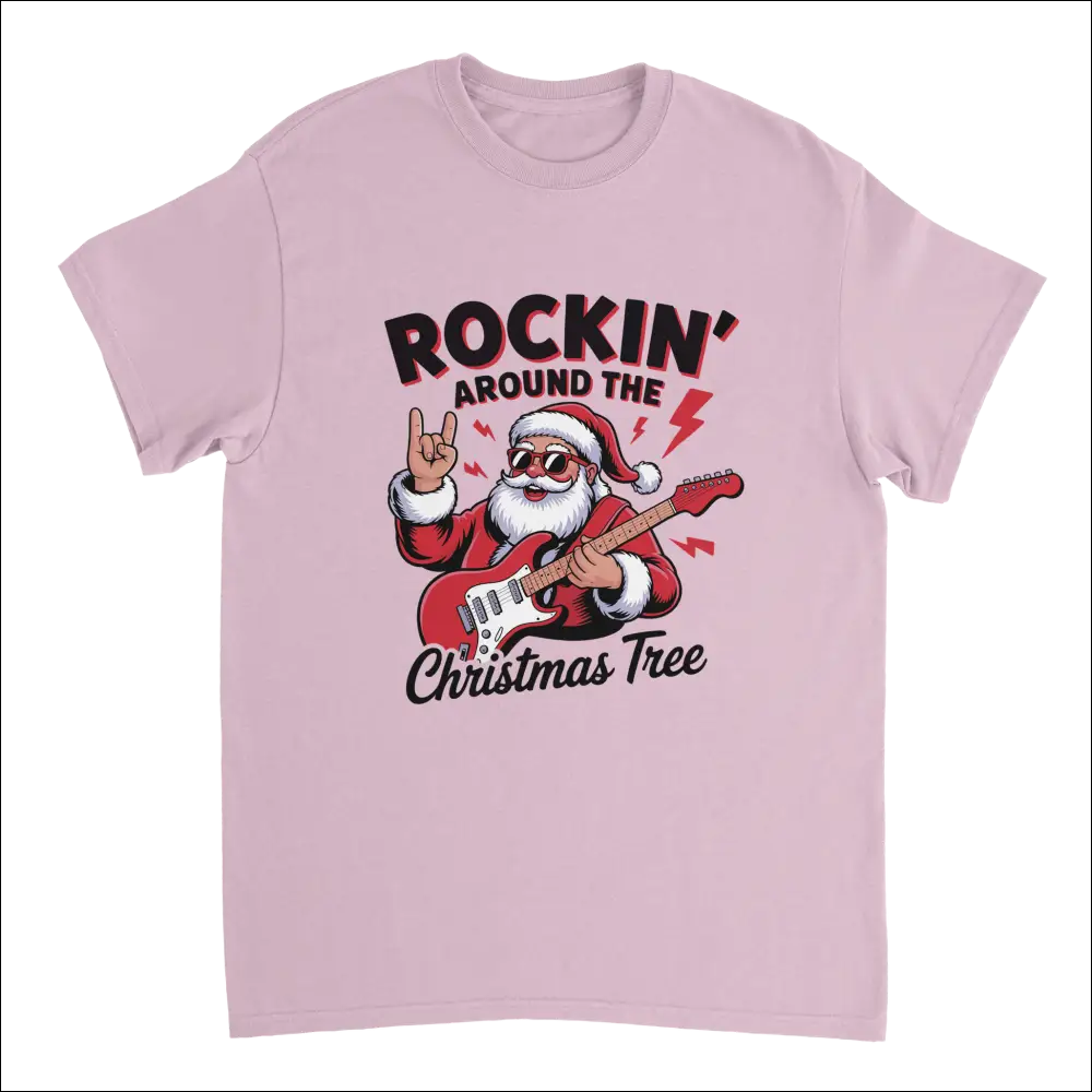 Light pink short-sleeved Rockin’ Around the Christmas Tree t-shirt with cartoon Santa rocking guitar